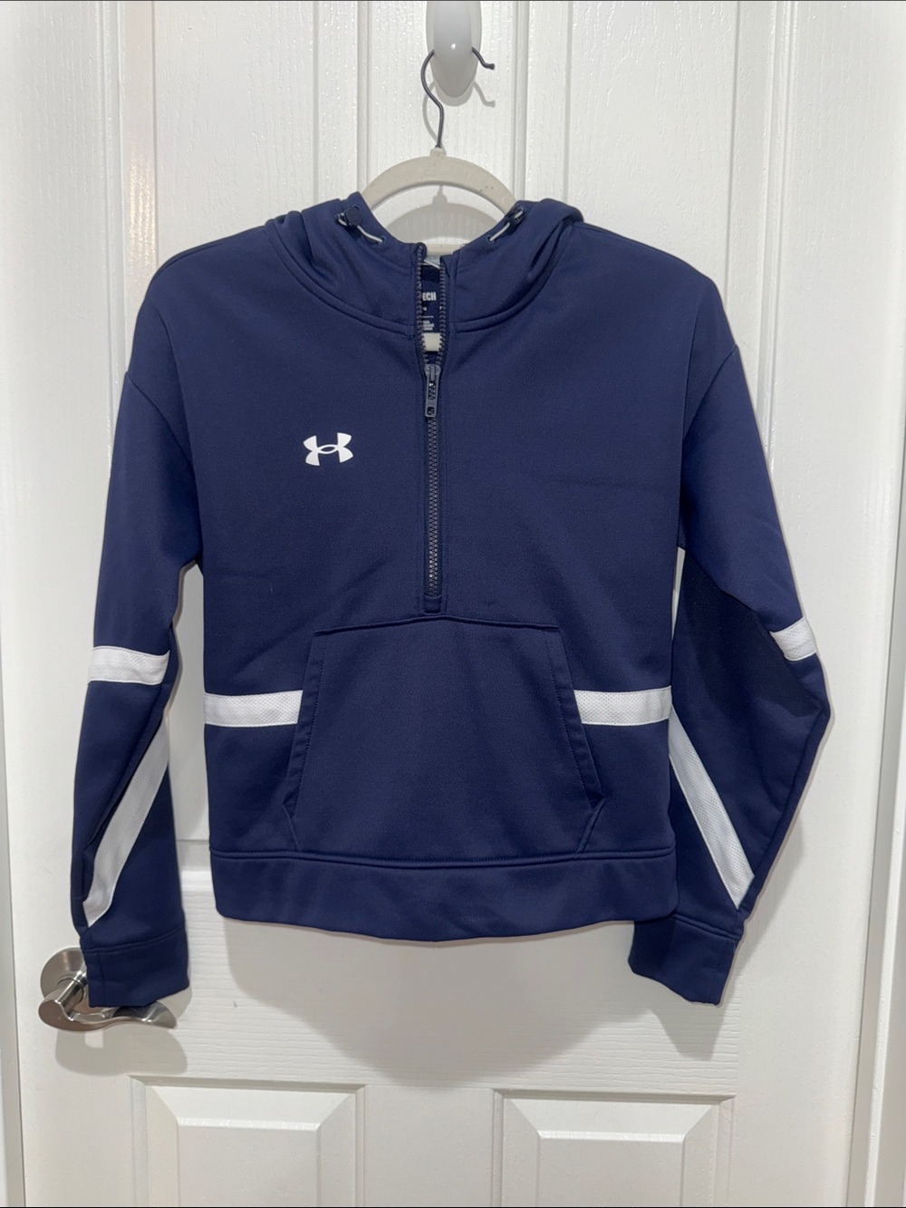 Under Armour UA Navy Half-Zip Heatgear Hoodie with White Stripes - Women’s XS